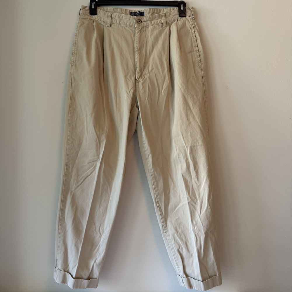 VTG Polo Ralph Lauren Pants Mens 35x30 Khaki Pleated Cuffed Chino Trouser Preppy